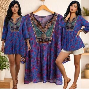 SOFT SURROUNDINGS Boho Tamuri Floral Embroidered Bead Sequin Tunic Top LARGE